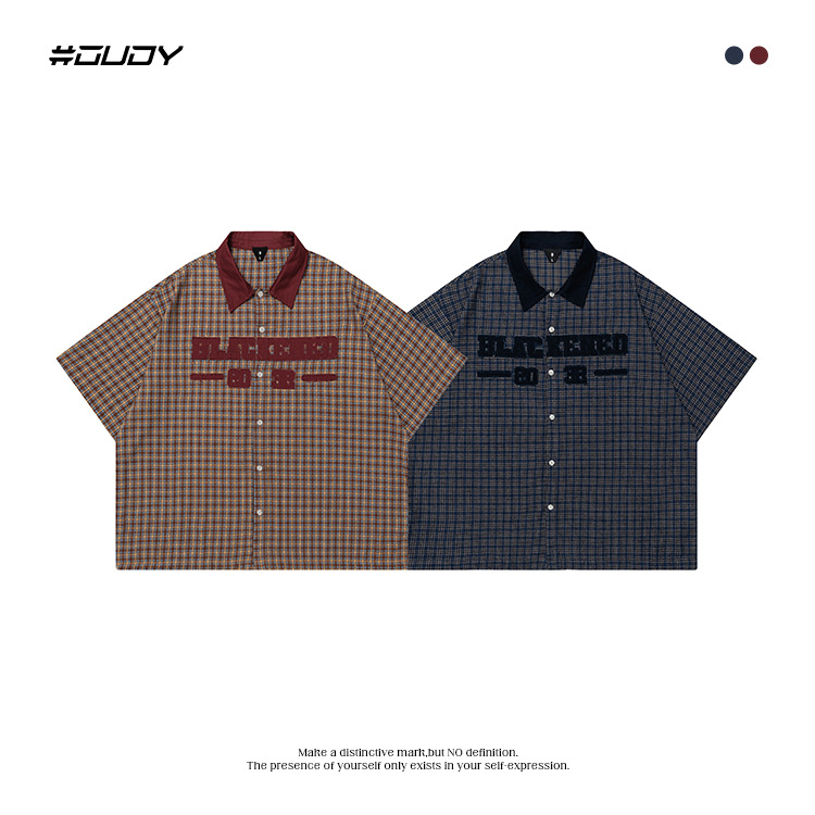 #OVDY 美式复古格子衬衫男士短袖潮流休闲衬衣ins夏季痞帅上衣