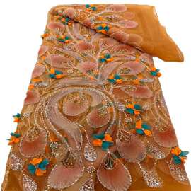 重工珠管绣亮片刺绣网纱面料立体花婚纱礼服布料蕾丝立体花朵lace