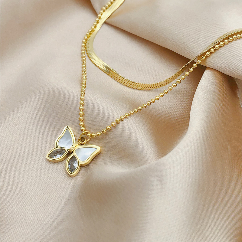 Fashion Butterfly Titanium Steel Inlay Shell Zircon Layered Necklaces 1 Piece