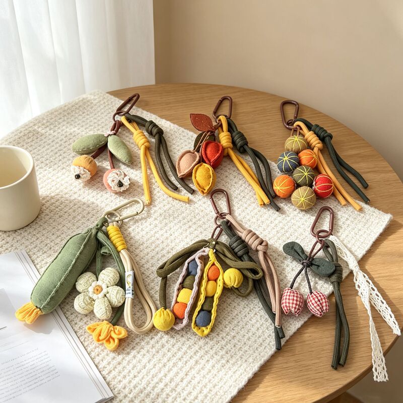 New fabric loofah flower pendant, pastoral style, cotton-filled vintage hanging ornament, girl's keychain, bag and phone decoration