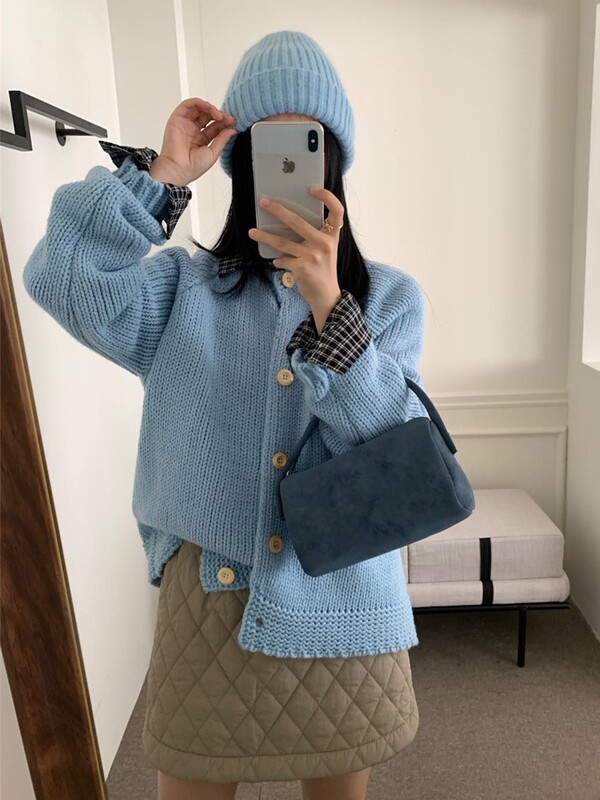 韩系粗针圆领软糯针织开衫女秋冬新款宽松慵懒高级感毛衣外套上衣|undefined