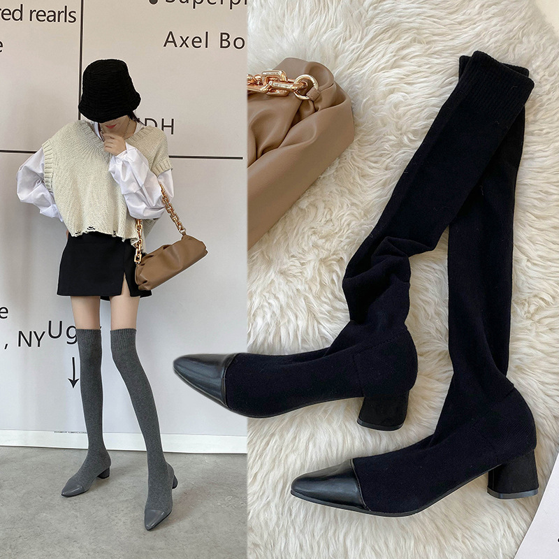 Stockings Boots Pointed Toe Skinny Boots Women's Long Barrel Knitted Wool Stretch Socks Boots Thick Heel High Heels Over the Knee Boots Women