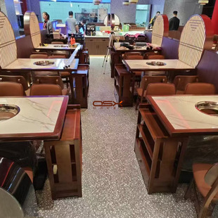 Ღhot Pot Induction Cooker Integrated Solid Wood Table Barbecue Rectangular Marble Hot Pot Table Catering Commercial Dining Table and Chair Set