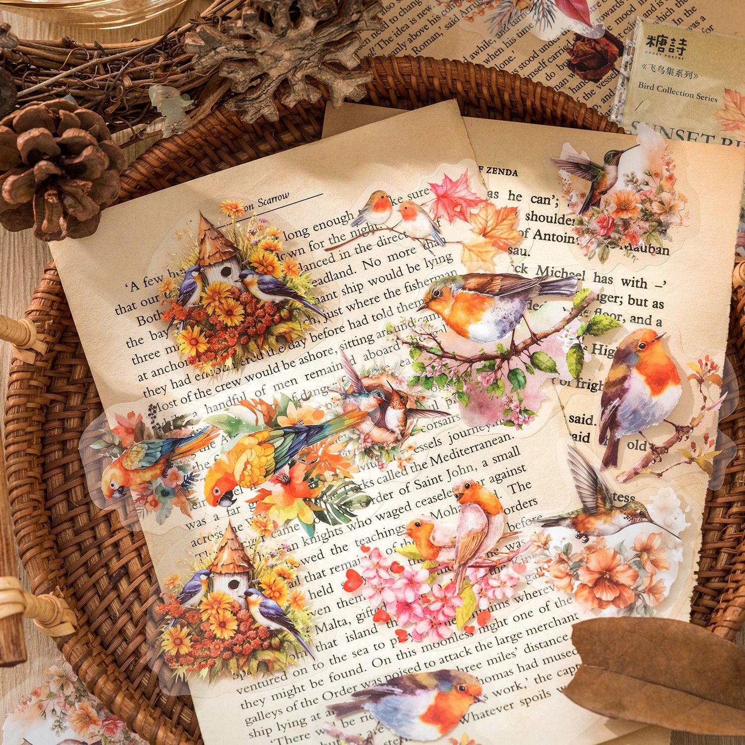 Poesía de azúcar PET tinta blanca pegatinas paquetes de aves series ins pequeñas flores frescas pájaros materiales de decoración pegatinas