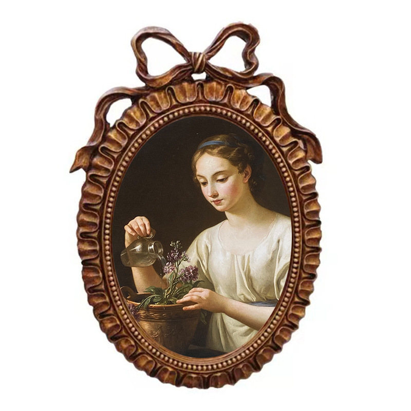 French Retro Resin Photo Frame Old Bowknot Picture Frame Ornaments Table Photo Frame Oval Wall-Hanging Living Room Combo Frame