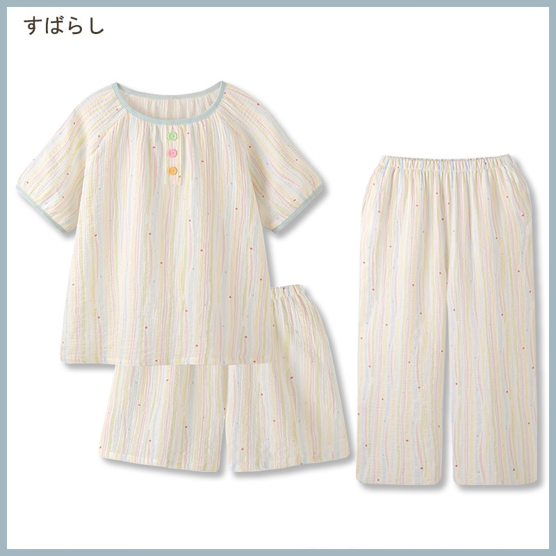 100% Cotton Double-Layer Cotton Gauze Pure Cotton Pajamas Women's Short-Sleeved Pants Summer Three-Piece Breathable Girl's Home Clothes 100% Cotton Double-Layer Cotton Gauze Pure Cotton Pajamas Women's Short-Sleeved Pants Summer Three-Piece Breathable Girl's Home Clothes