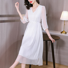 高档真丝连衣裙夏季2024新款轻奢名媛桑蚕丝裙领法式收腰气质裙代