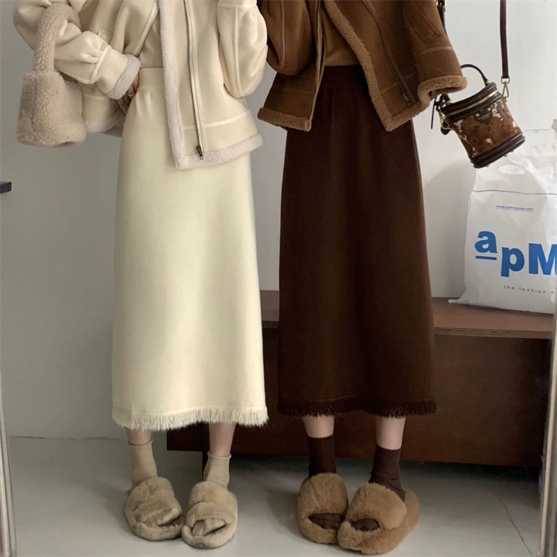 Женская юбка Сплошной цвет кисточкой средней длины Сплит-трапеция юбка Вязаная юбка Высокая Талия Один шаг юбка Мягкая шерстяная юбка