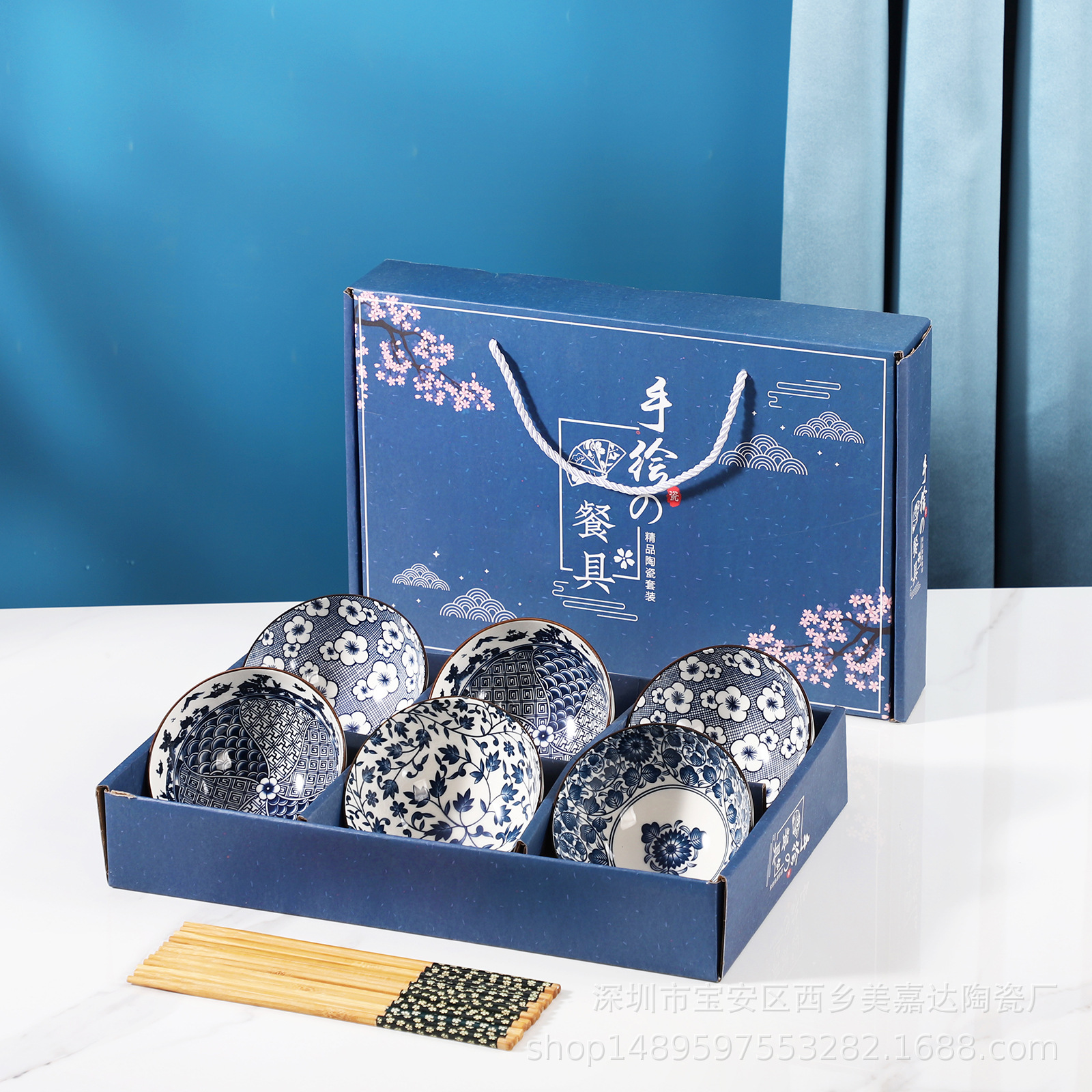 Regalo bohemio tazón de cerámica y palillos traje al por mayor tazón y plato traje hogar tazón de arroz vajilla conjunto tazón caja de regalo traje