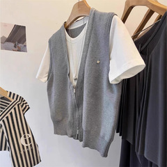 高級感韓系半袖tシャツは偽の上着の女性独特の超美しい半袖ニットの春をつなぎ合わせます。