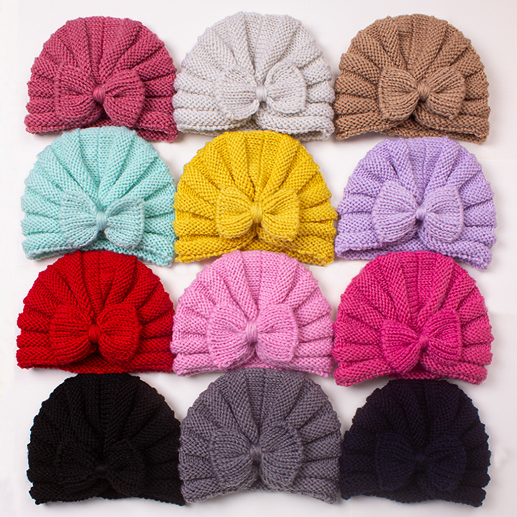 70g Weight Hat Classification Wool Cap Hats Type Daily Occasion Solid Color, Bow Knot Pattern Winter, Spring, Autumn Season Children Unisex Gender Knitted Design Fashion Style Children Unisex Fashion Solid Color Bow Knot Knitted Wool Cap 12