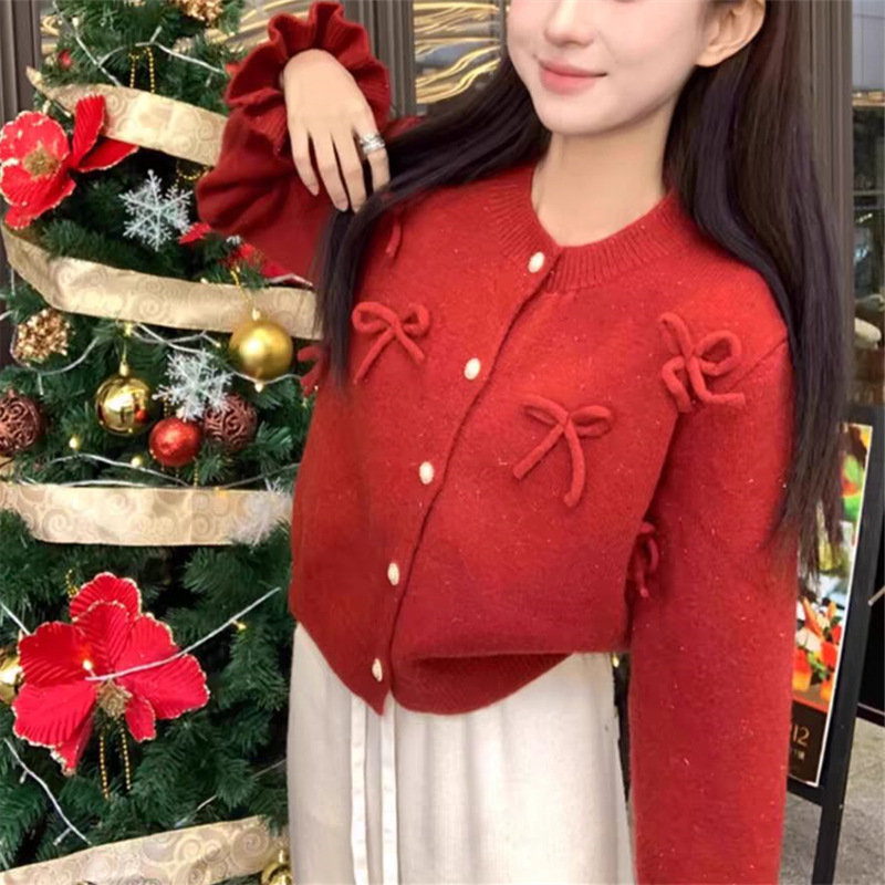 2025秋季新款韩系设计感蝴蝶结喇叭袖毛衣外套女宽松甜美针织开衫|undefined