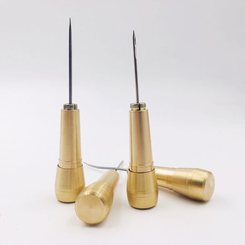 Copper awl, cobbler tool, shoe awl, brass handle (1 awl handle + 4 needles)