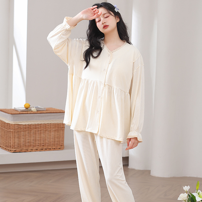 2025 봄 여름 모달 얇은 산후복 가슴 패드 포함, 임산부 및 산후 사이드 오픈 수유 잠옷은 밖에서 착용 가능