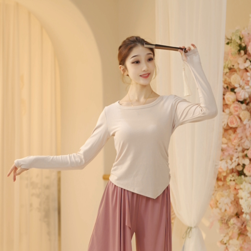 Dancewear Teacher's Top for Women, Summer Casual Slim-Fit Round Neck Asymmetrical Short Sleeve Chinese Dance Practice Tight-Fitting Top