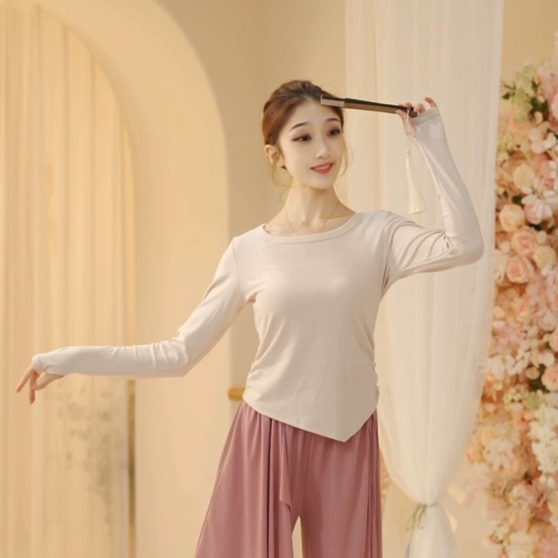 Современная танцевальная одежда, топ для учителя, женская летняя повседневная приталенная одежда с круглым вырезом и косым коротким рукавом, китайская танцевальная одежда для практики