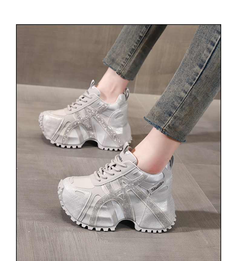 Giày sneaker nữ đế dày chunky đính đá rhinestone phong cách thể thao thời trang — màu be chi tiết 11