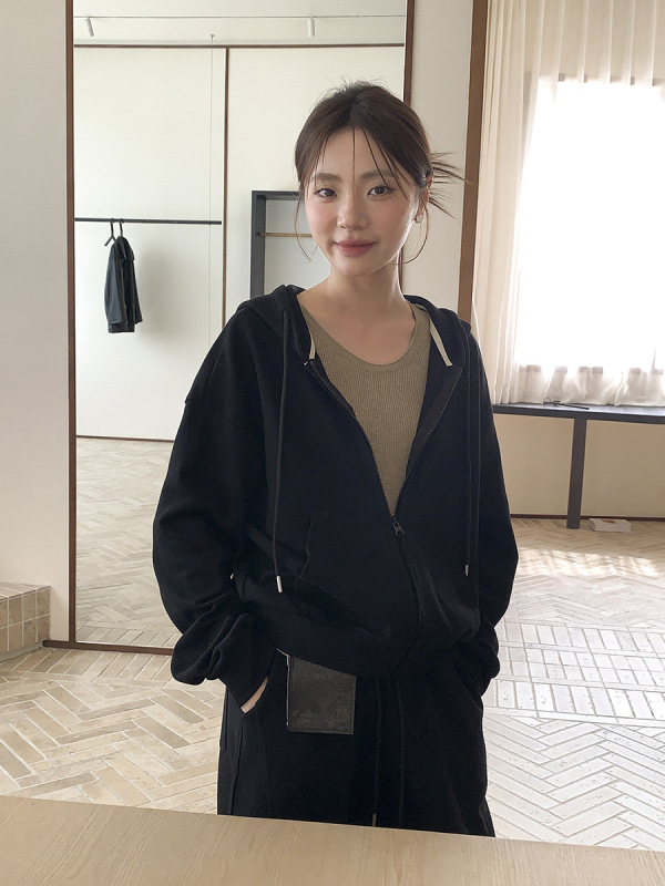 广州十三行2025秋韩系慵懒风连帽拉链口袋修身螺纹底卫衣女03077|undefined