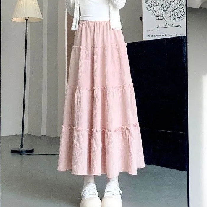 Summer New High-End A-Line White Cake Skirt for Women, Popular High-Waisted Slimming Dopamine Draped Long Skirt