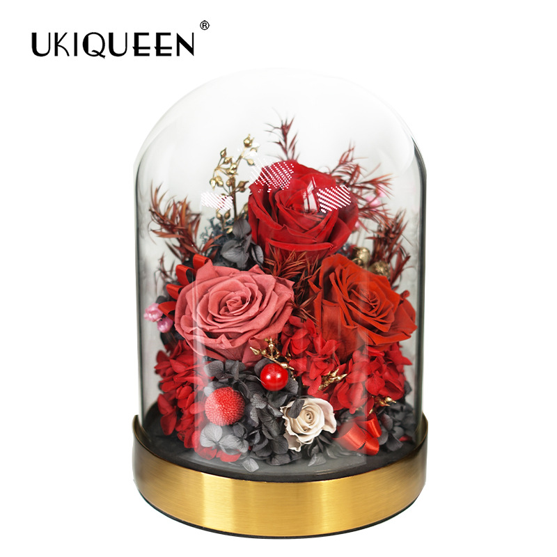 Base de oro rosa con cubierta de cristal para flor eterna, producto terminado, éxito de ventas transfronterizo en Amazon, decoración para el hogar, adorno de alta gama.