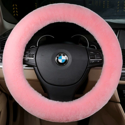 Steering wheel cover: Pure Wool Plush Car Handle - korean-pink-35cm-42cm-are-suitable