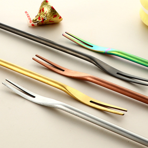 Creative Japanese style 304 stainless steel sanded solid fruit fork with long handle, round handle, mooncake dessert cake, 2-tooth fruit pick