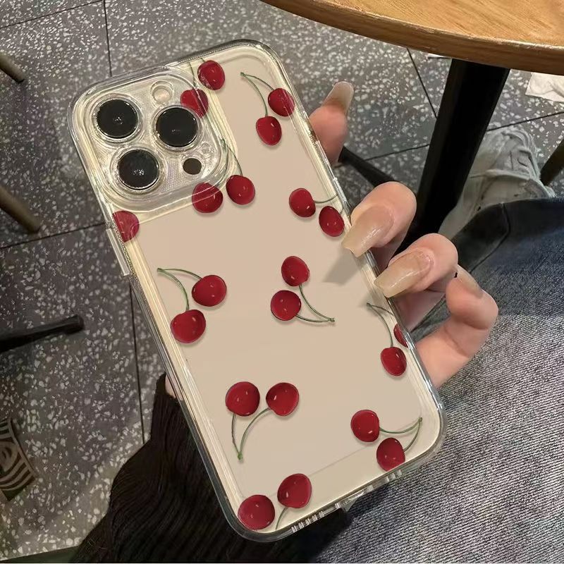 Minimalist Full-Screen Cherry Design Phone Case for iPhone 17 Pro Max, Simple Thickened Transparent Anti-Drop Case for iPhone 16/15