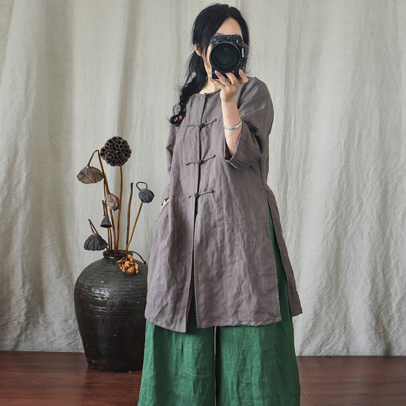 Qinghuan/Yarn-dyed Striped Linen Midi High Split Blouse Retro Buckle Cardigan Coat Dress