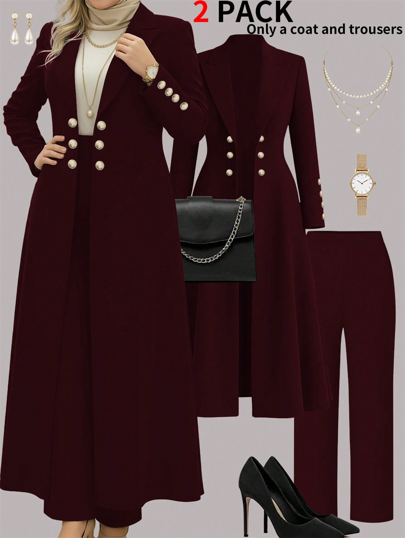 Plus Size Elegant Retro Style Suit Coat Casual Straight Leg Trousers Waist Cinching Long Coat Set_ecoleips.com