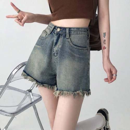 Vintage Raw Hem Denim Short Women's Instagram Hot Girl Summer A-line Hot Pants American Tassel Design High-Waisted Wide Leg Shorts