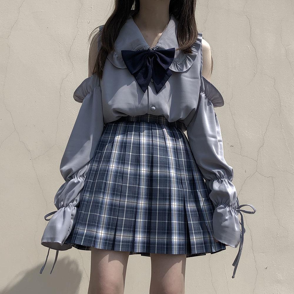 Fashion JK Uniform Plaid Skirt Suit Women's Summer New Shoulder Chiffon Shirt Top Pleated Skirt Two-piece Set