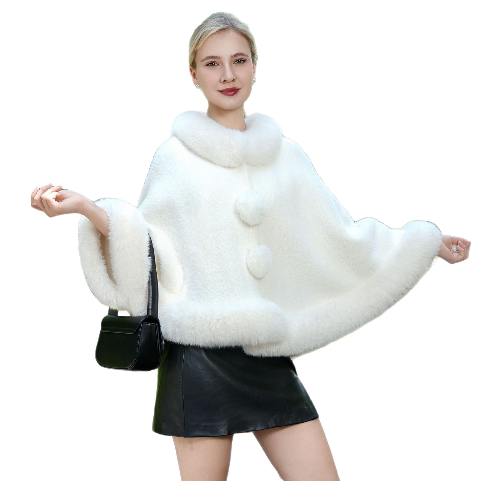 White Fur Cardigan Cape Cloak Plush Collar Inverness