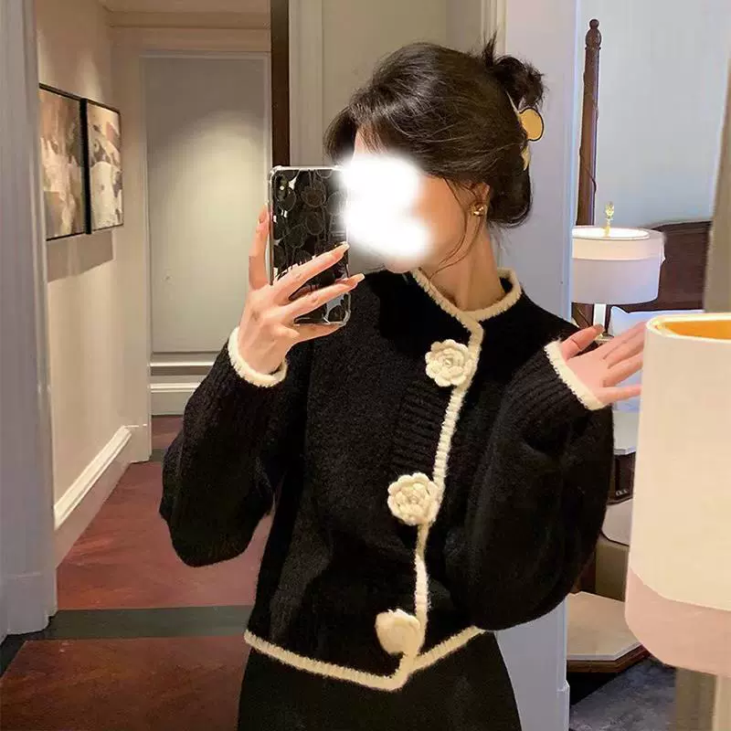 Women's Demi-Season Cardigan, Chanel-Style Chinese Design, White/Black, One Size