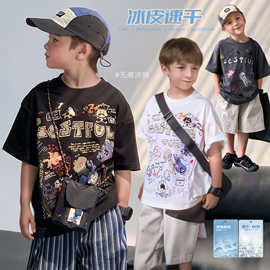 凉爽夏季童装男童2025新款卡通字母短袖t恤中大童男孩宽松上衣潮