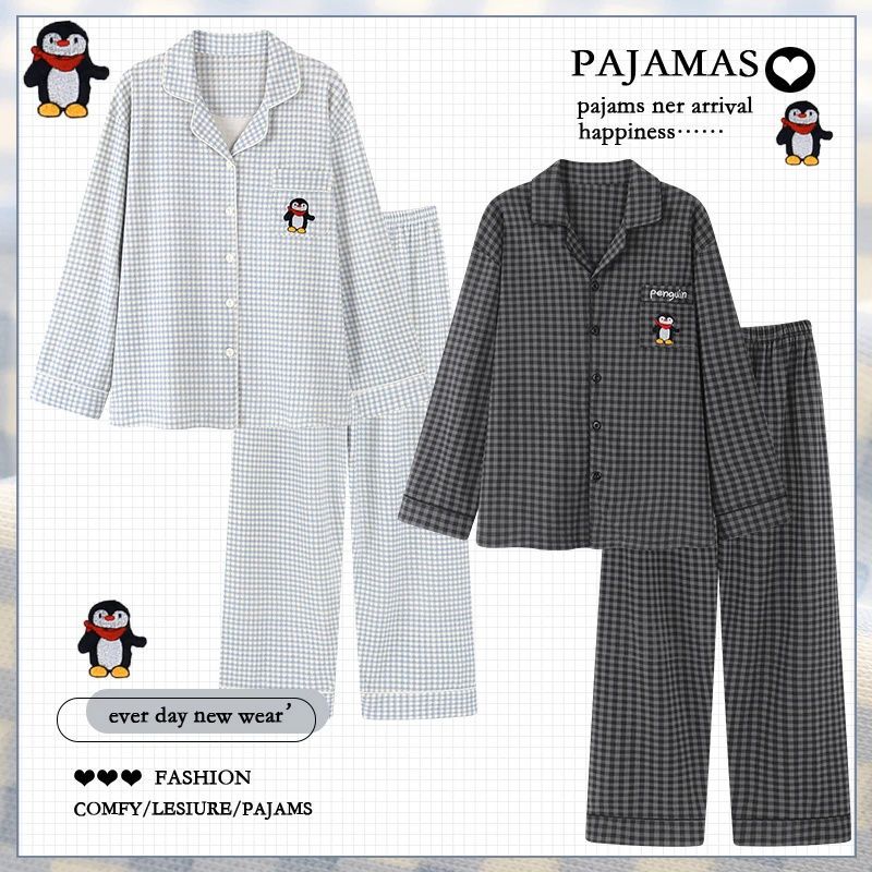 2025 New Cartoon Plaid Cloud Cotton Pajamas Couple Wear One Man and One Woman Spring and Autumn Long Sleeve Home Clothes Set