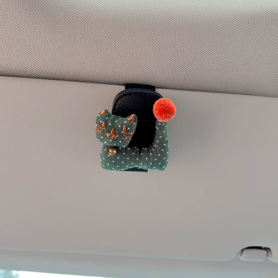 Cute New Bell-Shaped Cat Car Glasses Holder, Sunglasses Storage, Magnetic Car Sun Visor Sunglasses and Receipt Holder (Car Glasses Clip/Bill Clip) - bell-cat-green-black-glasses-clip