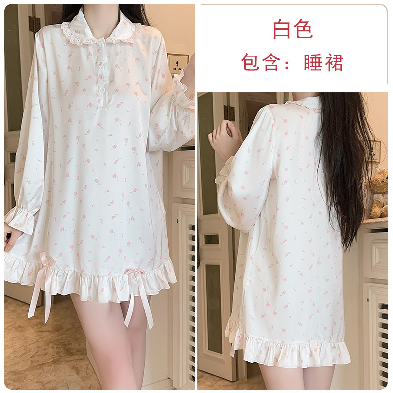 瑰若夏季开襟纽扣清纯可爱娃娃领缎面碎花睡裙女家居服套装XK5637|undefined