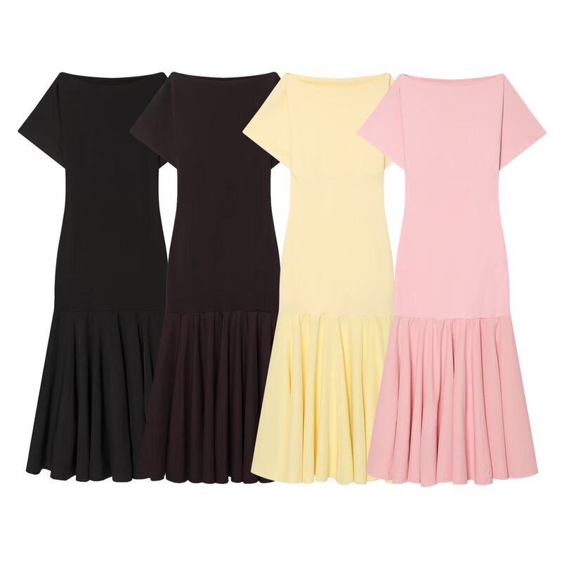 Pb&Za Women's Clothing 2026 Spring New Style European and American Style Personalized Boat-Shaped Short-Sleeved Patchwork Dress 2335161 Pb&Za Women's Clothing 2026 Spring New Style European and American Style Personalized Boat-Shaped Short-Sleeved Patchwork Dress 2335161