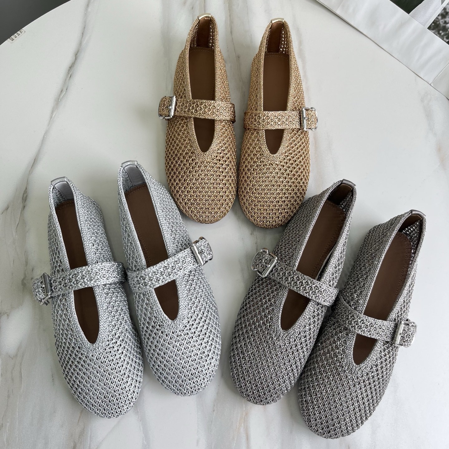 Ala*Ia Unlabeled Summer New Style Woven Cut Out One-Line Buckle Versatile Mary Jane Shoes Ballet Fishnet Flats Shoes