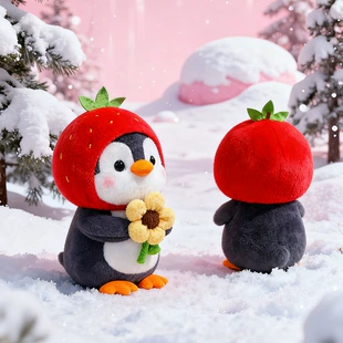 Мягкая игрушка пингвин с цветком и клубничной шапкой