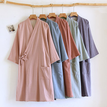 纯棉女士双层纱布系带日系和服睡袍浴衣春夏薄款纯色浴袍家居长袍