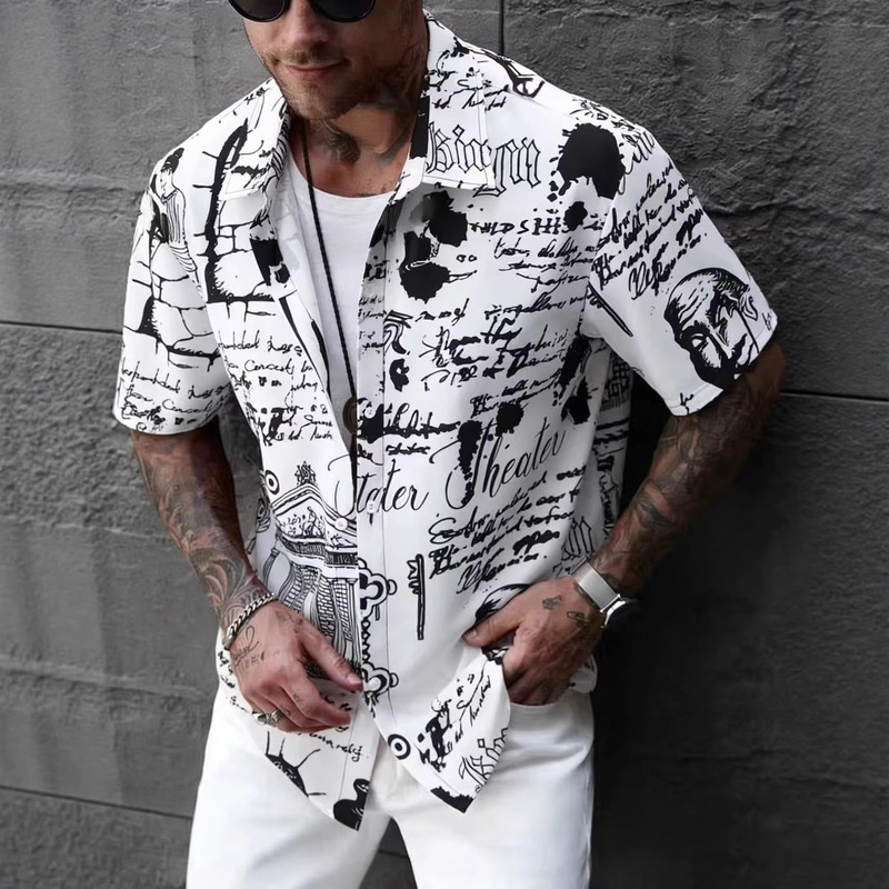Men's Fashion Men's Short Sleeve Shirt Character Ink Graffiti Printing Digital Printing Polyester Men's Shirt Summer 2023 New Men's Fashion Men's Short Sleeve Shirt Character Ink Graffiti Printing Digital Printing Polyester Men's Shirt Summer 2023 New