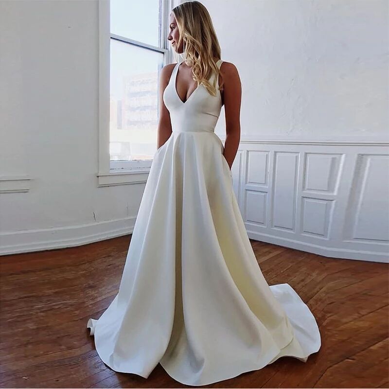 Vestido de Novia con Escote en V, Estilo Europeo y Americano, Nuevo en Amazon y AliExpress, Vestido de Novia Sexy con Espalda Descubierta y Lazo, Estilo Largo