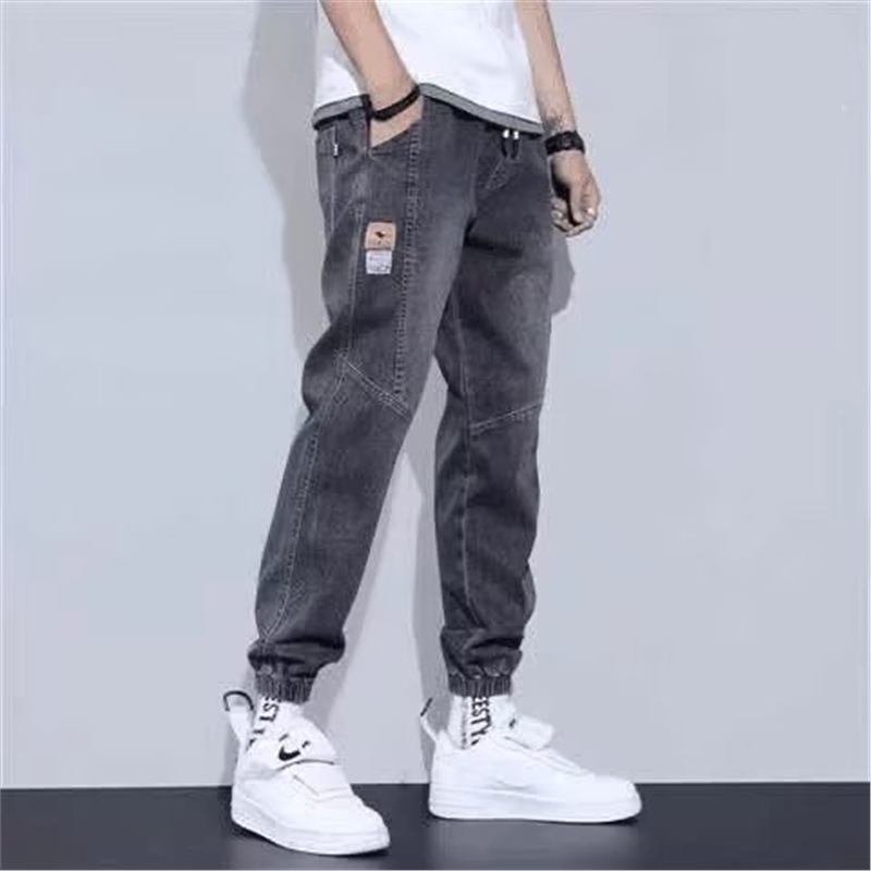 Spring and Autumn Jeans Men's New Lace-up Tie Foot Loose Tight Waist Fashion Brand Workwear Casual All-match Long Pants for Men