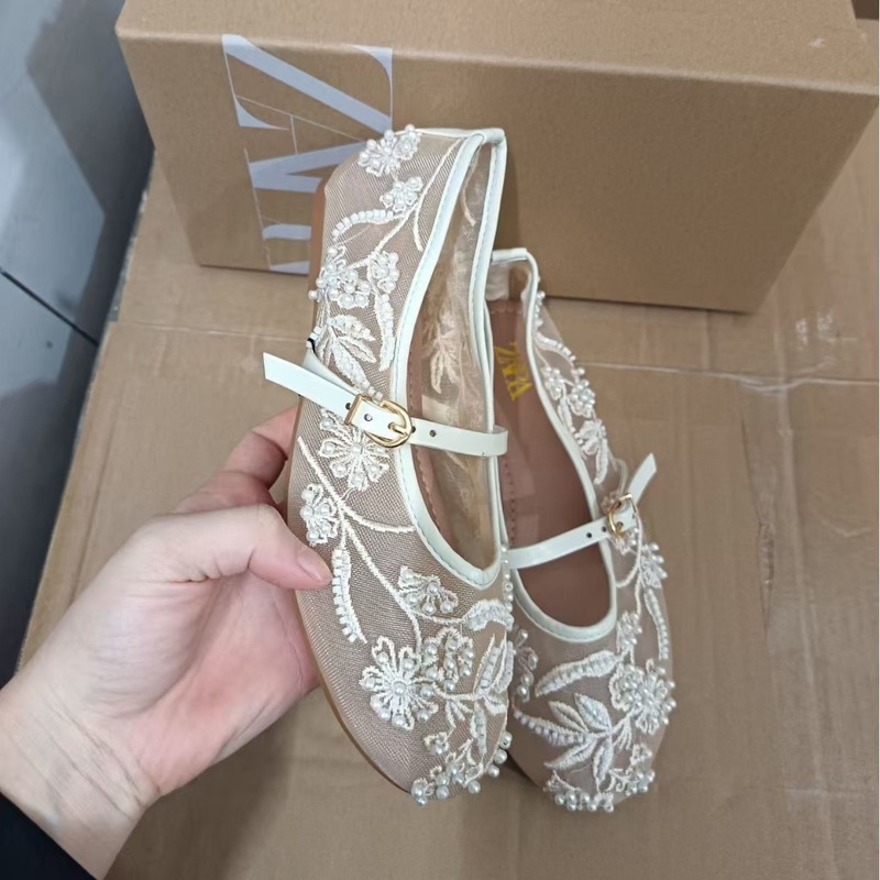 ZA スペインの新しい白い女性の靴ファッショナブルなメッシュ刺繍パールアクセサリーラウンドトゥフラットサンダル|undefined