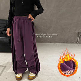 女童加绒裤子儿童休闲裤秋冬装2025新款加厚直筒裤大童宽松阔腿裤