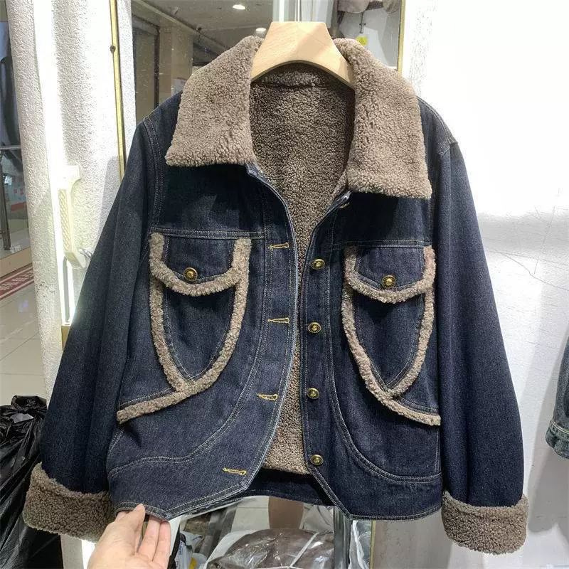 Джинсовая флисовая бархатная полудемисезонная короткая jaket c шерпой отделкой, ретро-голубой или чисто-черный