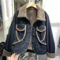 Джинсовая флисовая бархатная полудемисезонная короткая jaket c шерпой отделкой, ретро-голубой или чисто-черный