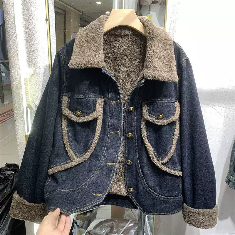 Джинсовая флисовая бархатная полудемисезонная короткая jaket c шерпой отделкой, ретро-голубой или чисто-черный