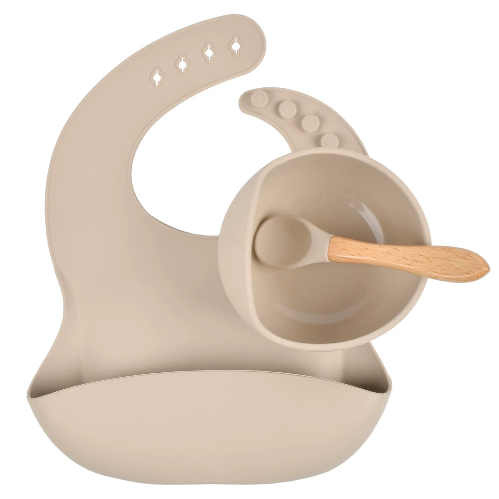 Silicone children's tableware set — bib, bowl and spoon with suction base, multi-color